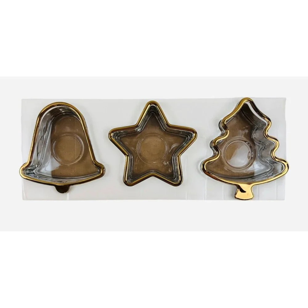 Holiday Gold Indiana Glass Christmas Candy Serving Dish Candle Holder Set of 3 - Picture 7 of 10